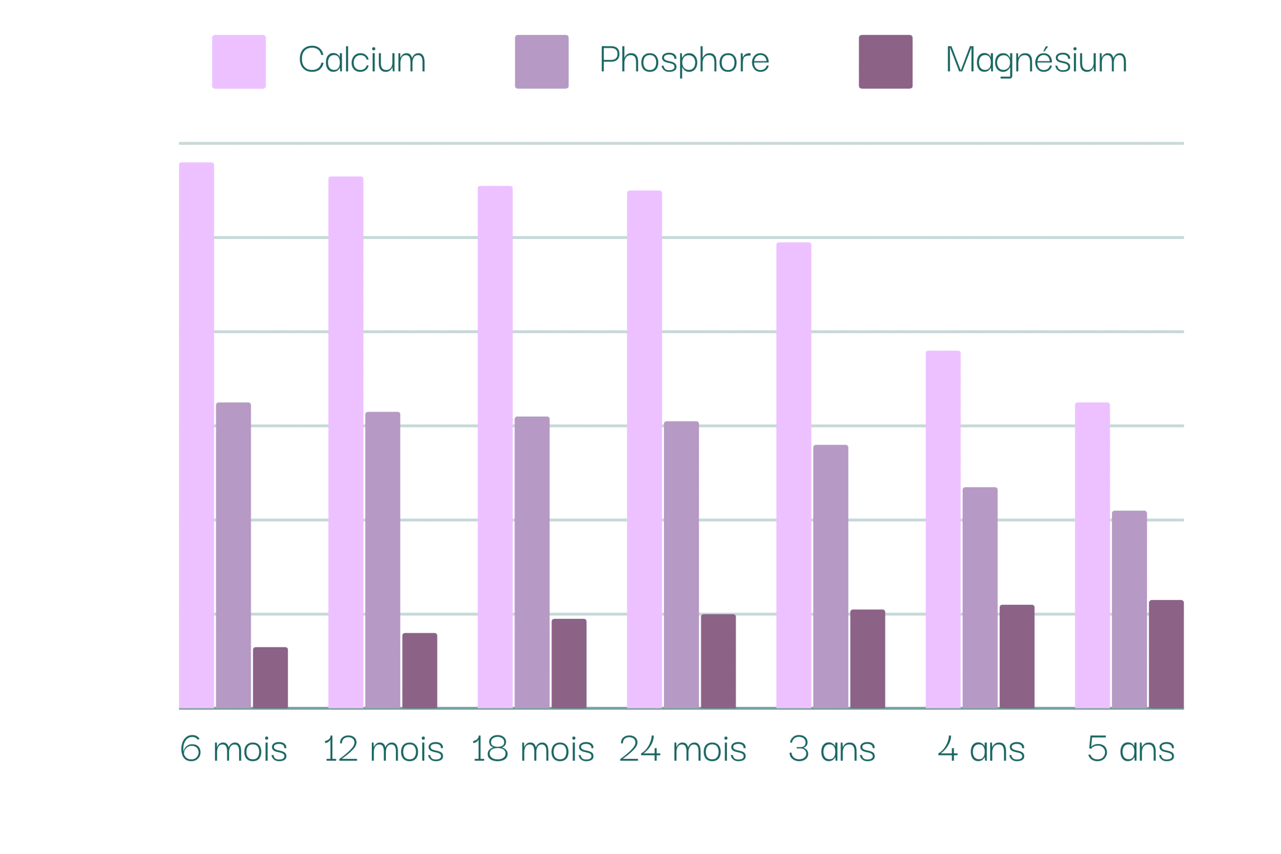 Apports en calcium, phosphore et magnesium pour les chevaux de 6 mois à 5 ans.