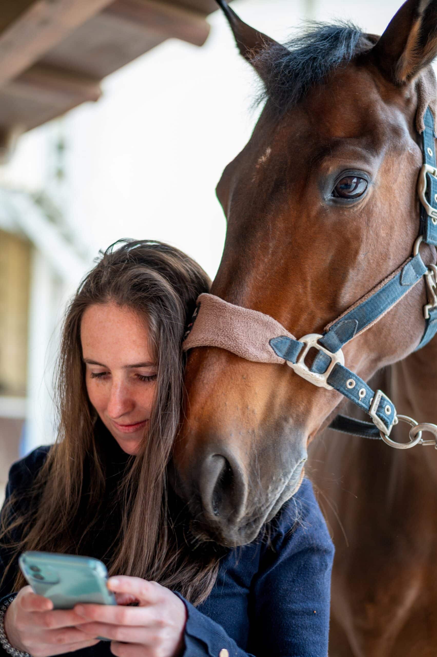 Une jeune femme avec un cheval bai, portant un licol.