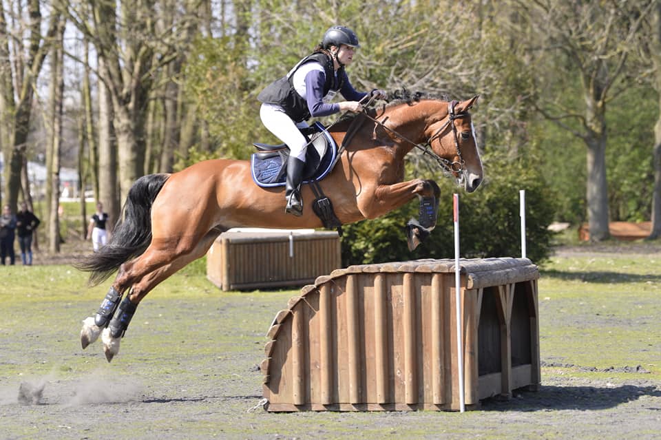 Audrey et son cheval Vino, sur un obstacle de cross lors d'un concours.