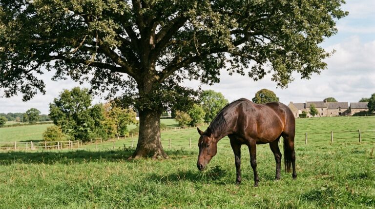 Un cheval mange sous un chêne, sans tenir compte du risque lié aux glands.