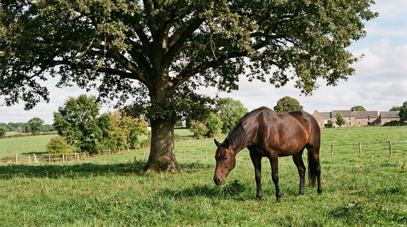 Un cheval mange sous un chêne, sans tenir compte du risque lié aux glands.
